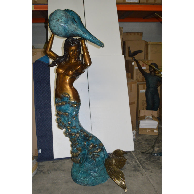 Grande statue de sirène en bronze tenant une coquille - œuvre d'art faite à la main pour l'extérieur, L 43 po x l 30 po x H 76 po