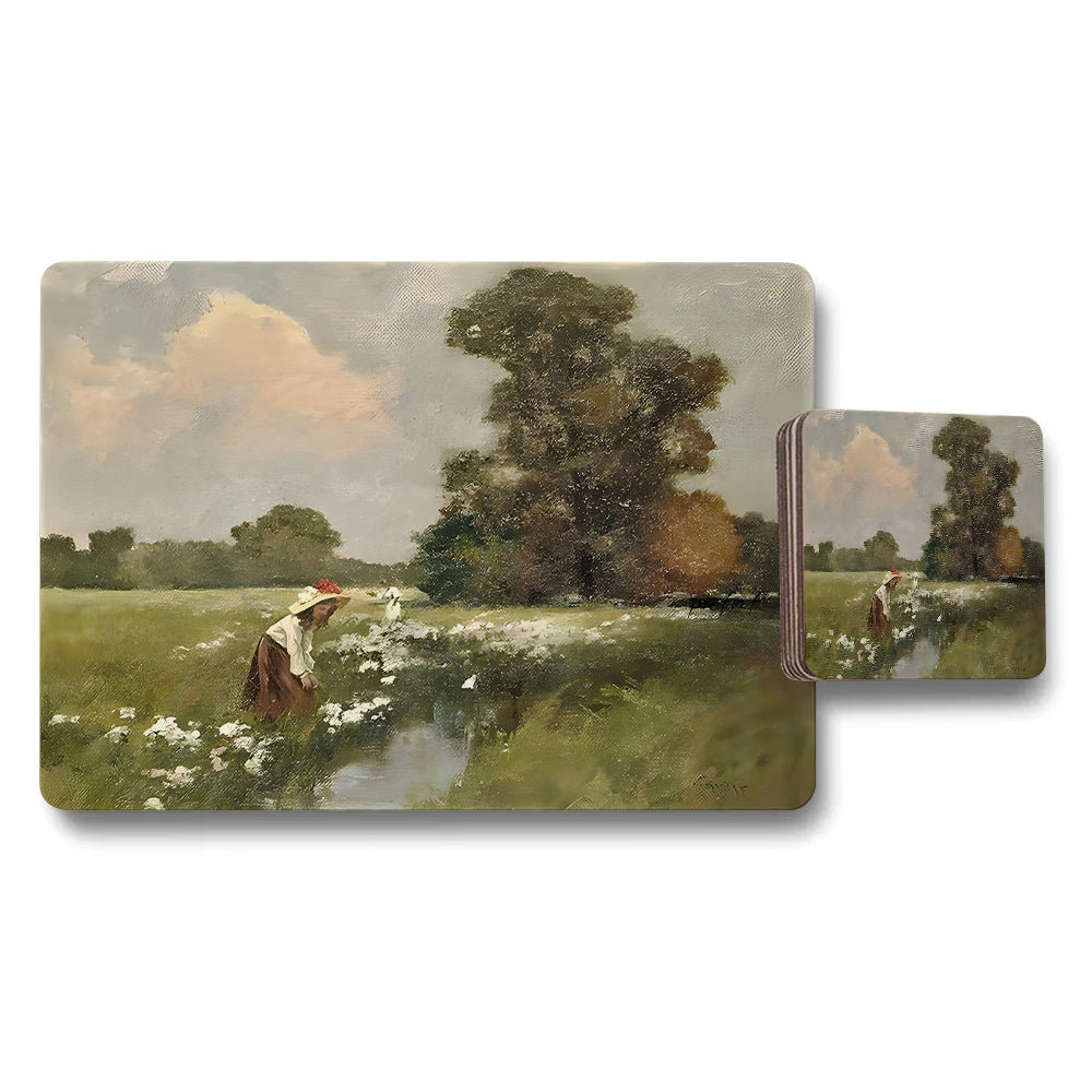 Impressionist Field Scene Placemat And Coaster Set With Flowers