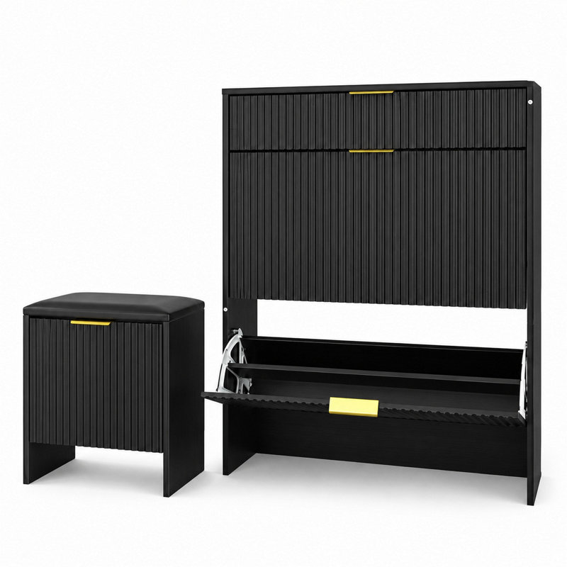 Ensemble d'armoire à chaussures cannelée avec banc à chaussures rembourré et poignées dorées. Noir
