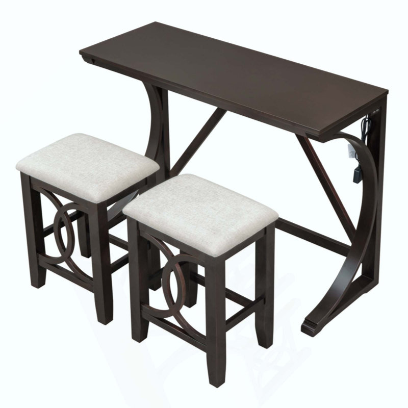 Ensemble de table de salle à manger à hauteur de comptoir 3 pièces Farmhouse avec port USB et tabourets rembourrés, Espresso