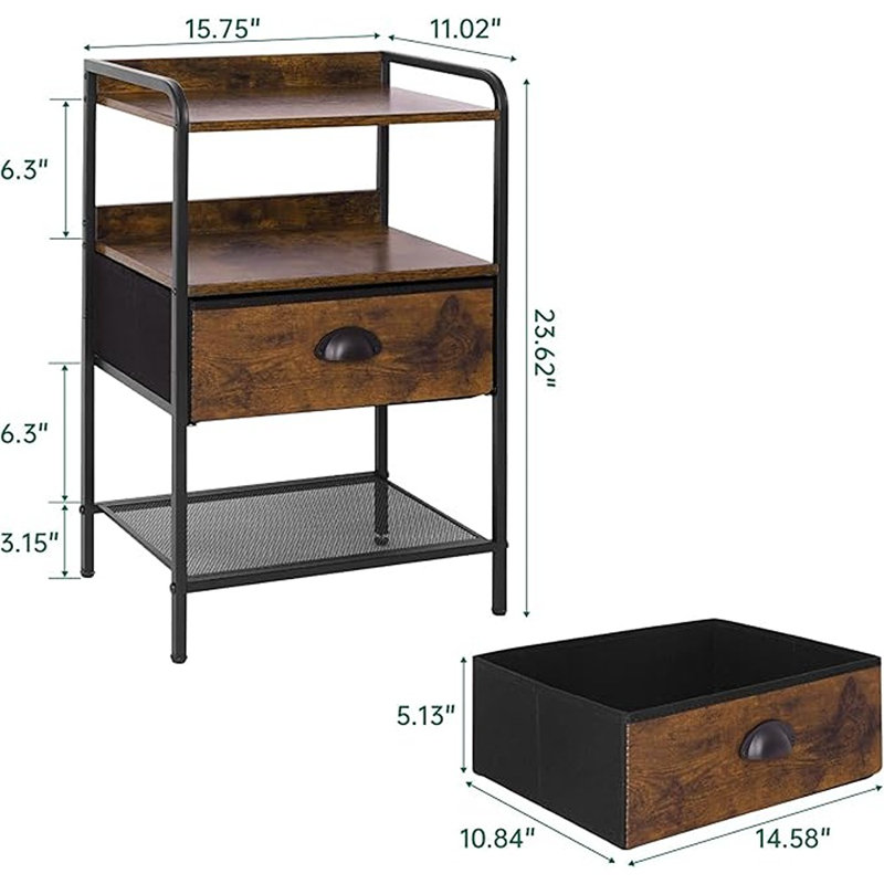 Night Stand With Fabric Drawer End Table With Smooth Edges Side Table With Storage Mesh Shelf Nightstand With Open Shelves For Bedroom, Living Room Decor Bedside Table Rustic (rustic Brown)