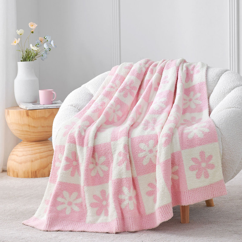 Jeté à carreaux réversible, Motif floral rose