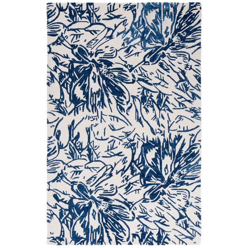 Romon Hand Tufted Wool/Cotton Floral Rug in Ivory/Blue, Rectangle 8' x 10'