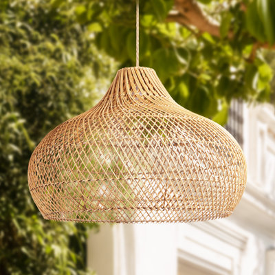 Luminaire suspendu d'extérieur en rotin brun naturel à 1 lumière dôme tissé à la main 1 lumière Kloe pour terrasse, porche de style moderne, traditionnel, bohème et bord de mer Kloe