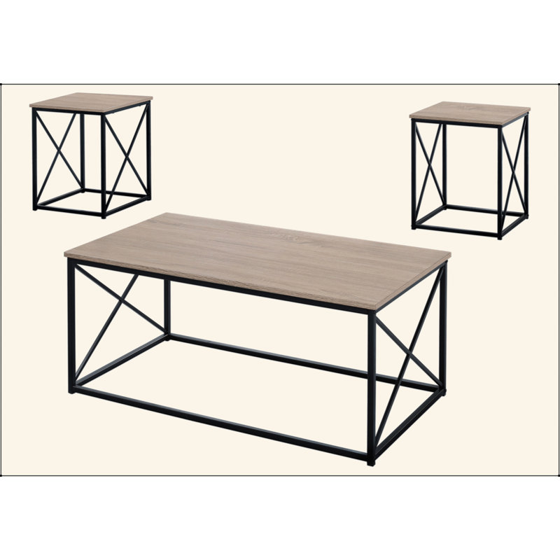Ensemble de table, ensemble de 3 pièces, café, bout, côté, décor, salon, stratifié brun, métal noir, contemporain, moderne