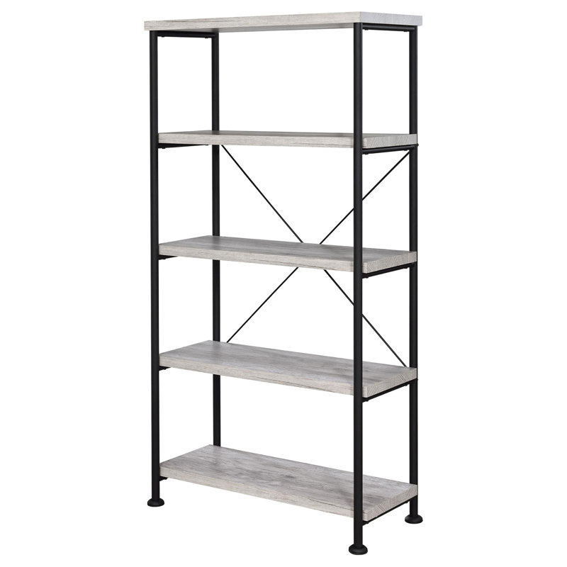 Bibliothèque à 4 tablettes en bois flotté gris, offrant une saveur industrielle pour le bureau à la maison moderne et la bibliothèque rustique de salon en bois flotté, avec rangement fonctionnel