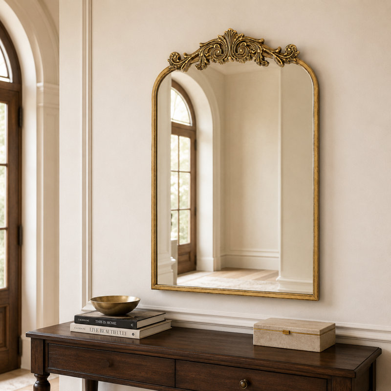 Miroir mural baroque antique doré en arc de cercle avec crête florale ornée, 32" x 24"