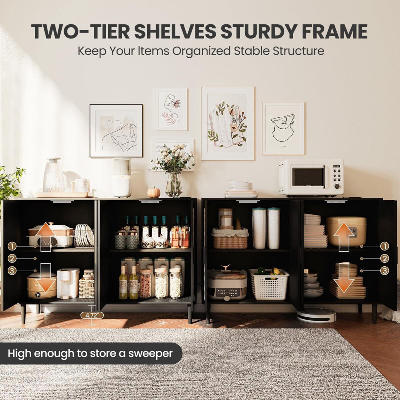 Black Rattan 4-Door Sideboard Buffet Cabinet with Power Outlet