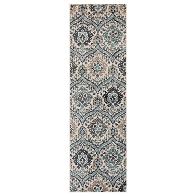 Lyllia 10' Ivory Blue and Gray Medallion Runner Rug, Runner 10'