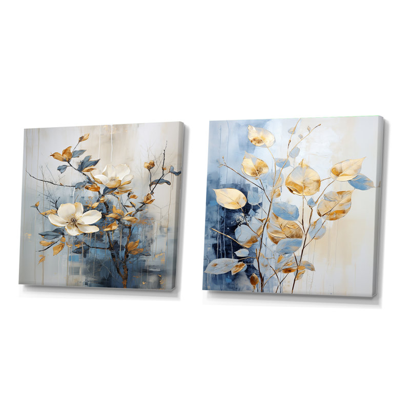 Ensemble de 2 collages carrés floraux beiges et bleus, H 30 po x l 61 po, Toile tendue