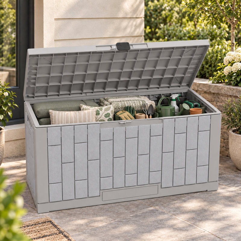 60 gallon waterproof resin outdoor storage box, patio deck box for cushions and pool toys, 60 gallons, Grey