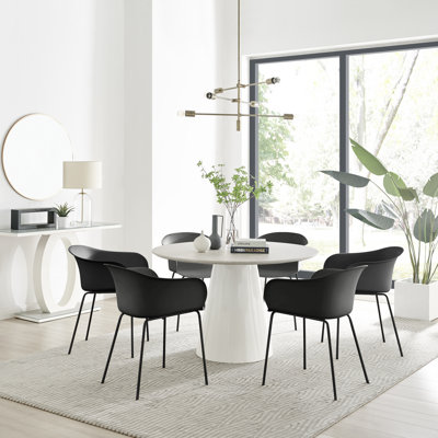 Statement 6 Person Round Dining Table Set in Luxury Beige Stone Effect - Plastic Dining Chairs