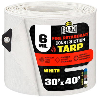 Bâche blanche 15 pi x 20 pi, paquet de 8, bâche de construction ignifuge de 8 mil d'épaisseur, bâches anti-déchirure, matériau de tissage épais, résistant aux rayons UV avec coins renforcés