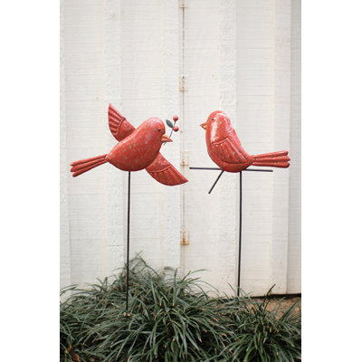  2x Set of 2 Hand-Hammered Red Metal Bird Stakes – 53" Tall