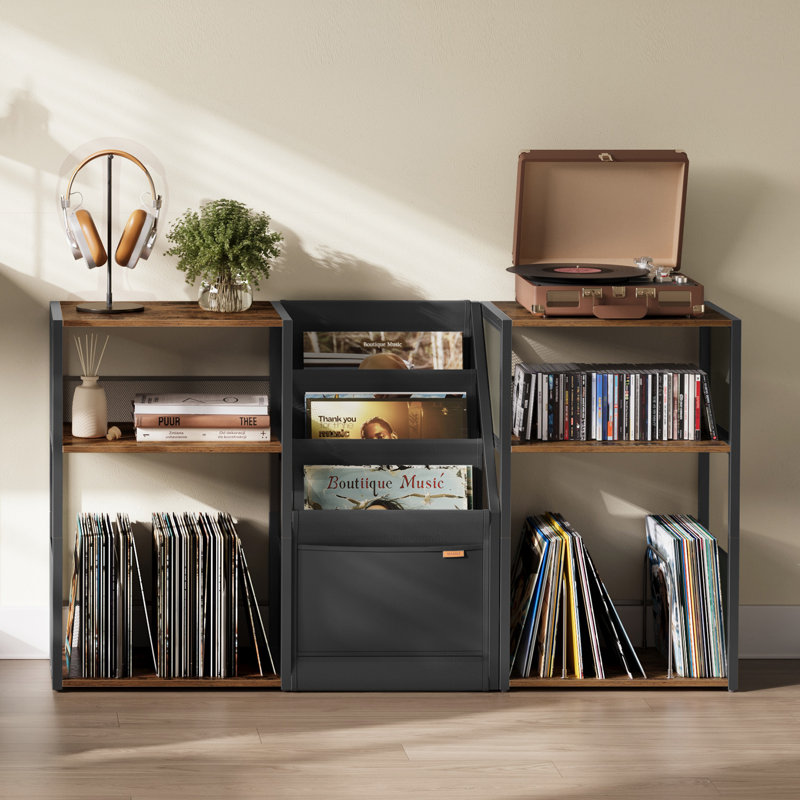 Record Player Stand, 3-Tier Side Table, Rustic Brown/Black