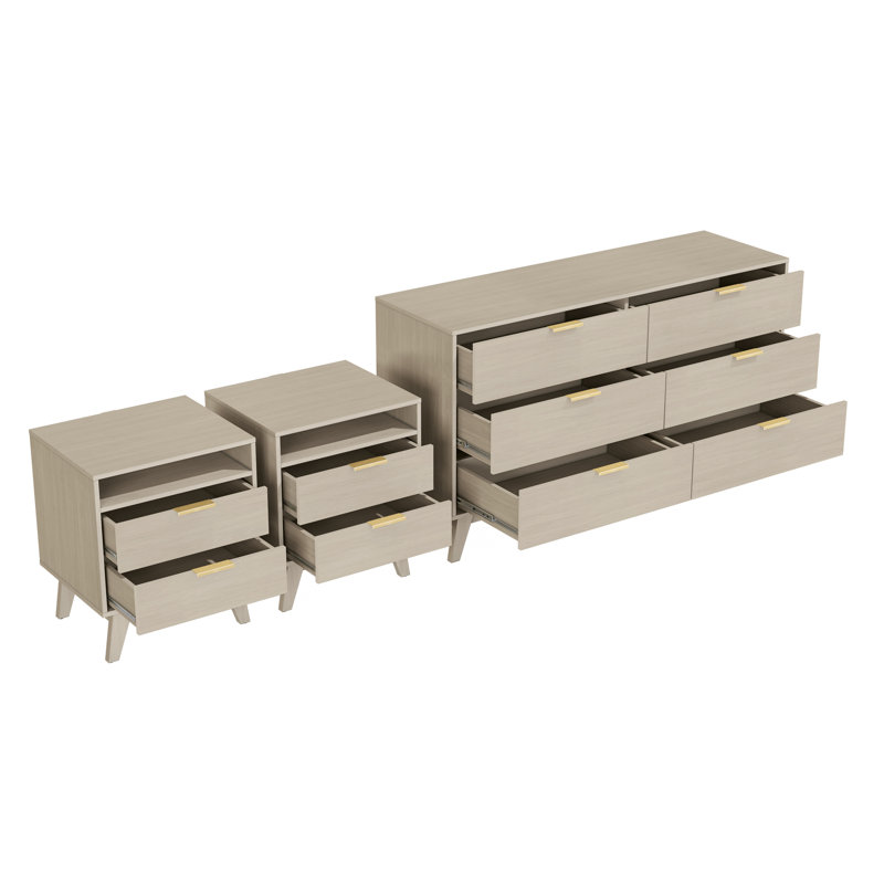 Ensemble de chambre à coucher 3 pièces avec commode 6 tiroirs et 2 tables de chevet 2 tiroirs, Chêne blond