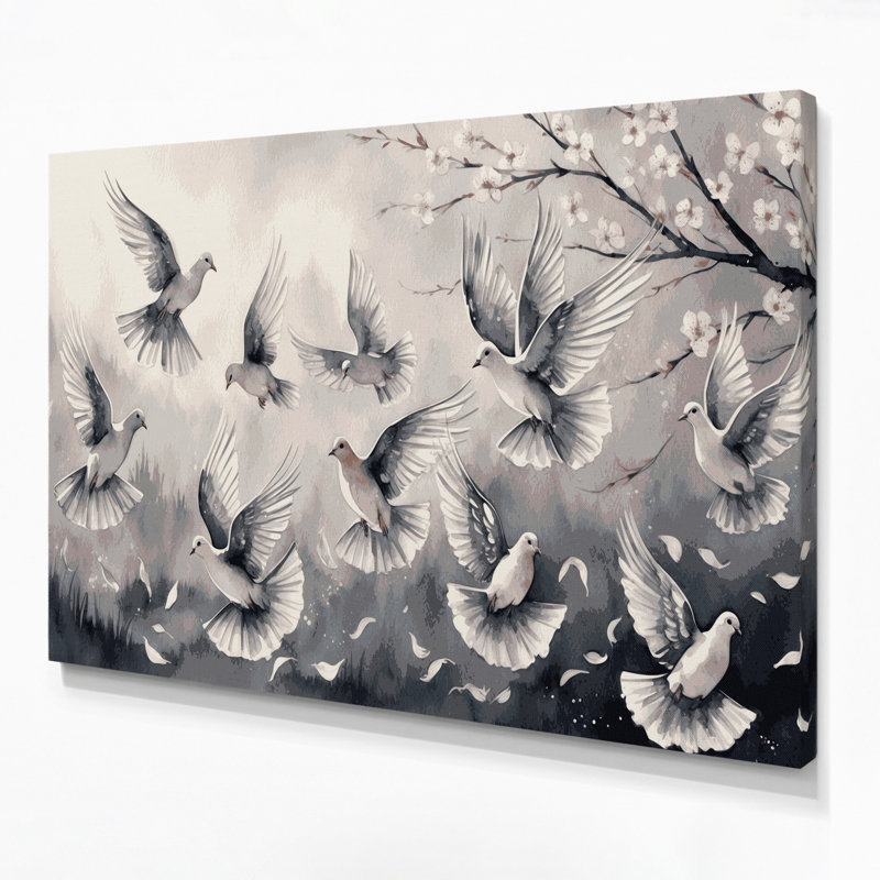 «Birds Mourning Dove», art mural sur toile beige, H 24 po x l 36 po