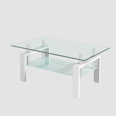 Modern Black Tempered Glass Coffee Table, 39.4”W x 21.7”D x 17.7”H, Rectangular Coffee Table with Lower Storage Shelf