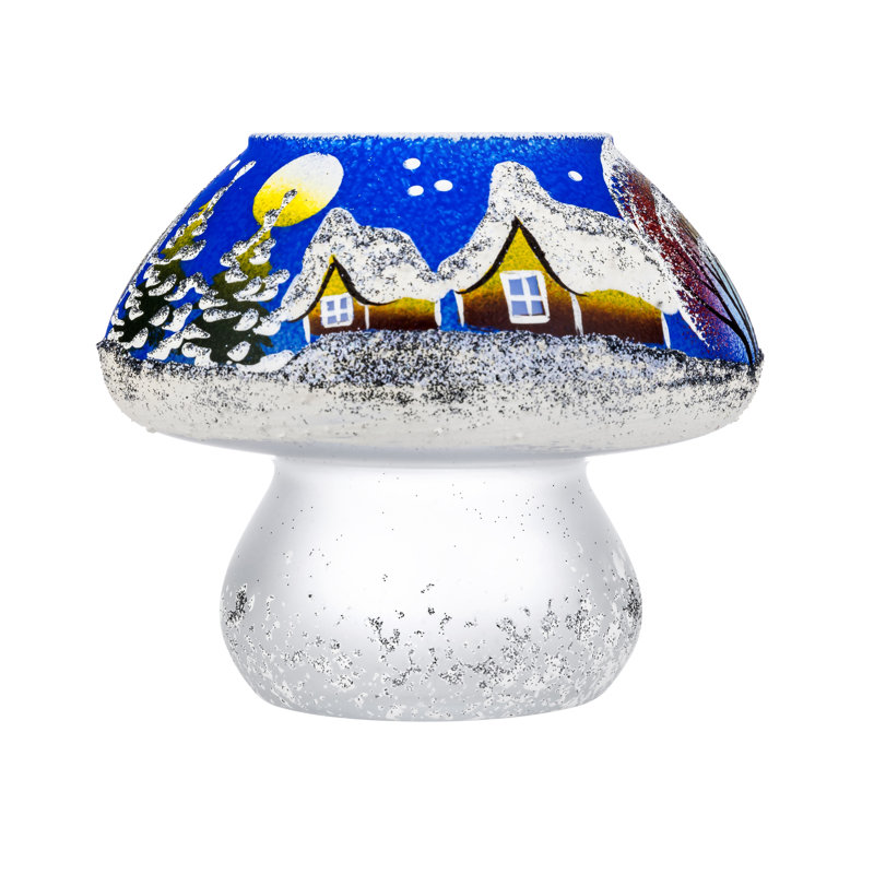 Porte-bougie en verre peint à la main de 3,5 pouces Victoria Bella 6659 / BW, motif bleu d'hiver