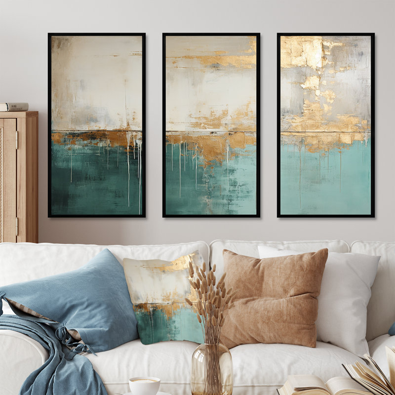 Minimalisme doré et bleu sarcelle horizon - ensemble de décorations murales abstraites, H 28 po x l 36 po x P 1 po