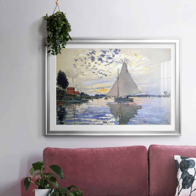 Voilier au petit encadré sur papier, Argent, H 19 po x l 27 po x P 1,5 po
