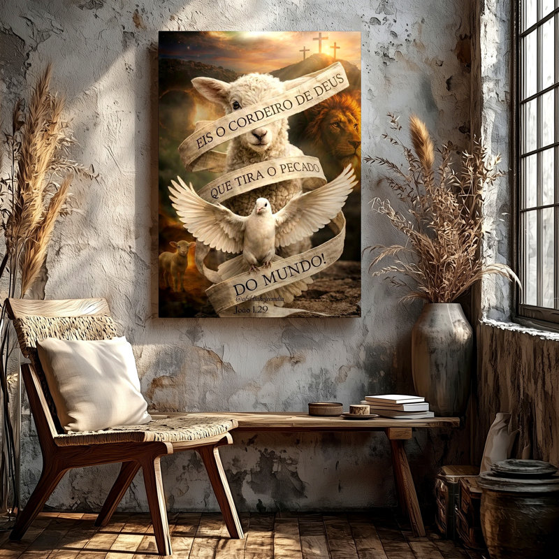 «Christian Lamb Dove Lion Cross», reproduction d'art sur toile, art mural chrétien, 30" H x 20" W
