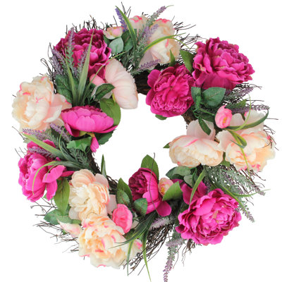 Couronne florale de pivoines et de brindilles rose 22 po