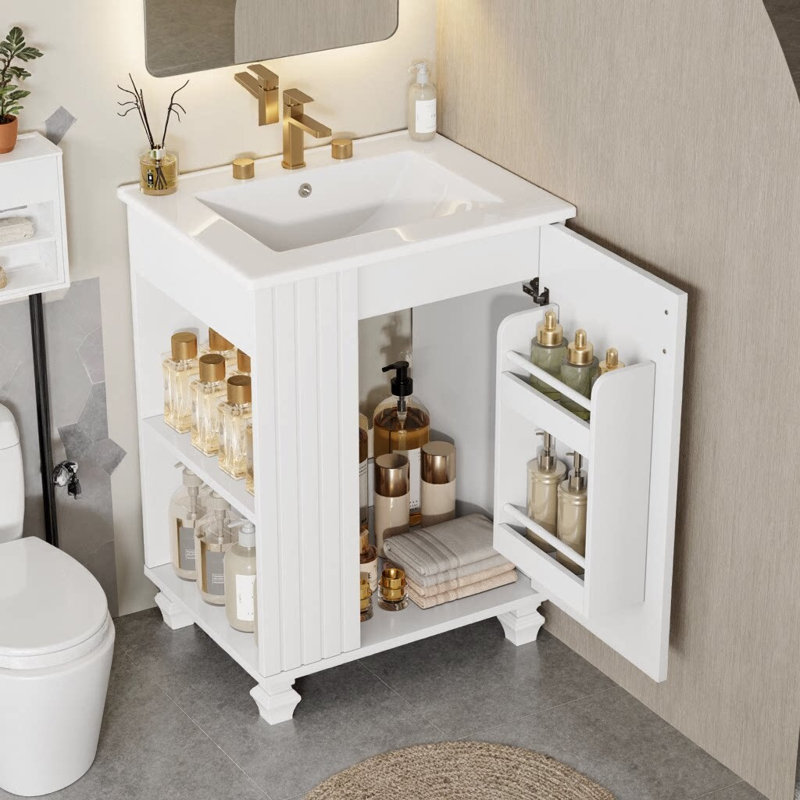 Meuble-lavabo classique 24 po avec lavabo en céramique - Structure en bois de pin massif, porte à fermeture en douceur avec tablette à 2 niveaux, espace de rangement latéral ouvert et sous-lavabo, armoire autoportante pour petites salles de bain