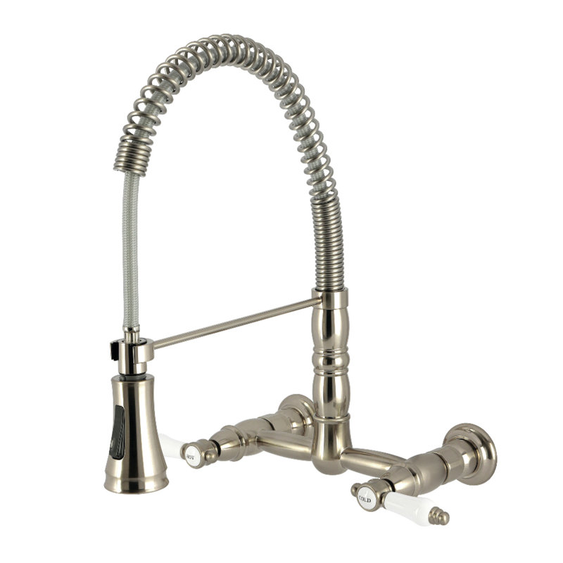 Kingston Brass Bel-Air Double-Handle 2-Hole Wall-Mount Pre-Rinse Bridge Kitchen Faucet, Brushed Nickel