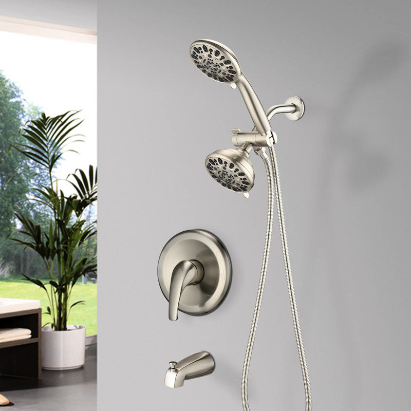 Tub Spout Shower System - 2 In 1 Valve. 7 Spray Modes For A Relaxing Shower. Brushed Nickel High Faucet With Comfortable Time.