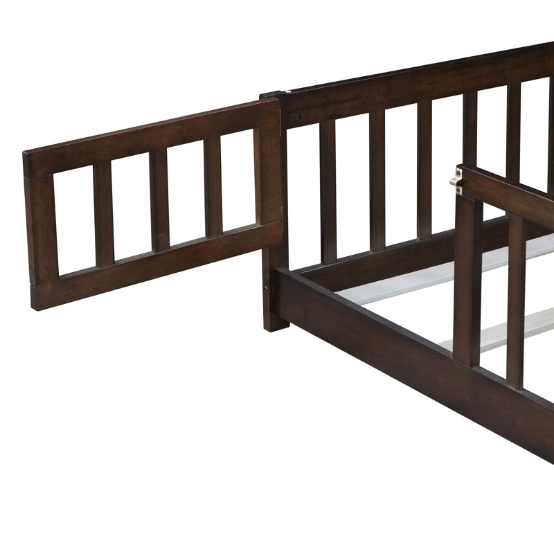 Twin Size Floor Bed With Fence And Door,rubber Wood Floor Bed With Slats And Safety Guardrails For Kids,boys Girls, Brown