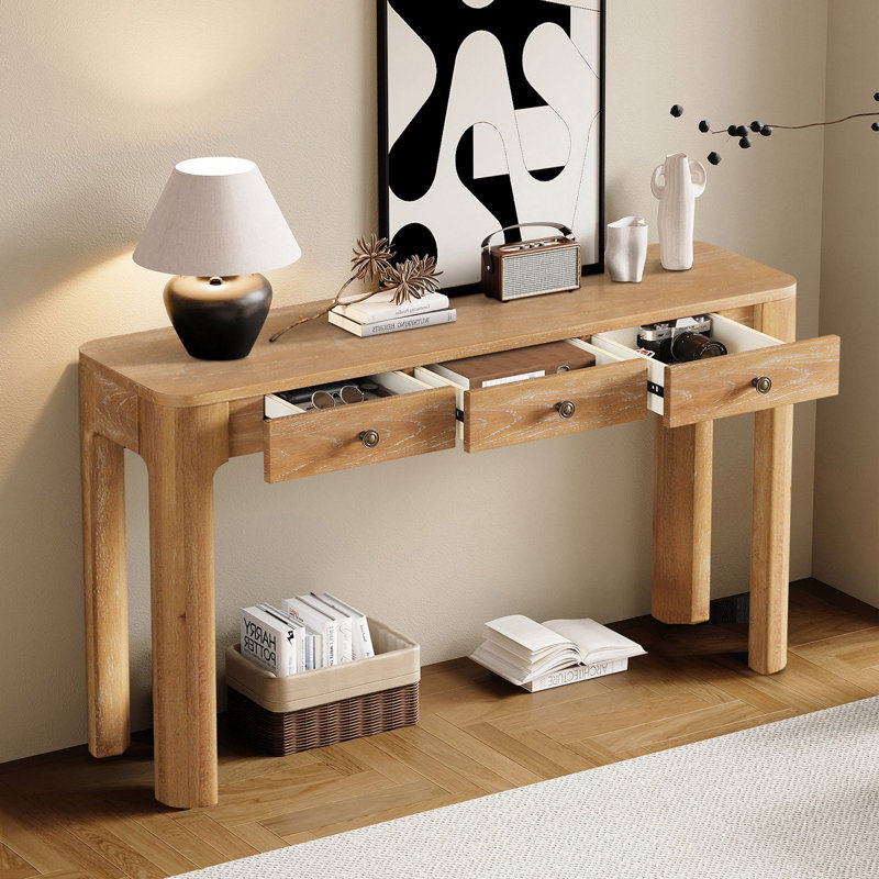 Chery 52'' Wooden Curved Console Table With 3 Concealed Drawers, Natural