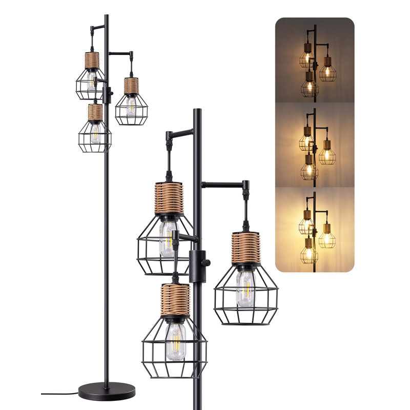 Lampe sur pied industrielle à intensité variable avec abat-jour en rotin, 3 ampoules à DEL Edison pour le salon, la chambre à coucher et le bureau
