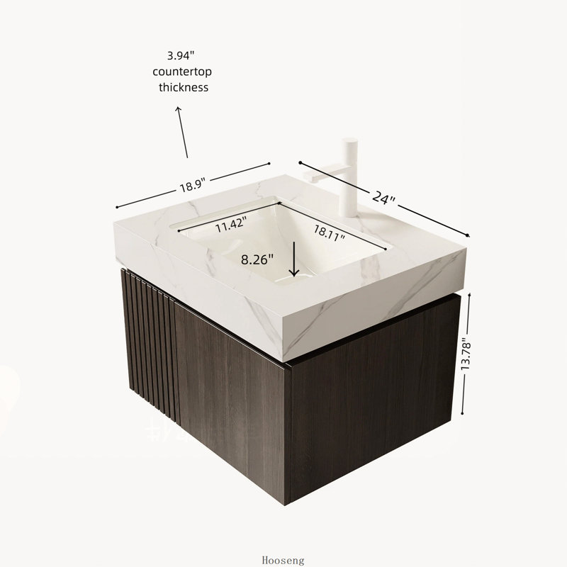 Meuble-lavabo flottant espresso 24 po avec comptoir blanc Carrara, lavabo en céramique et 1 trou de robinet, Espresso