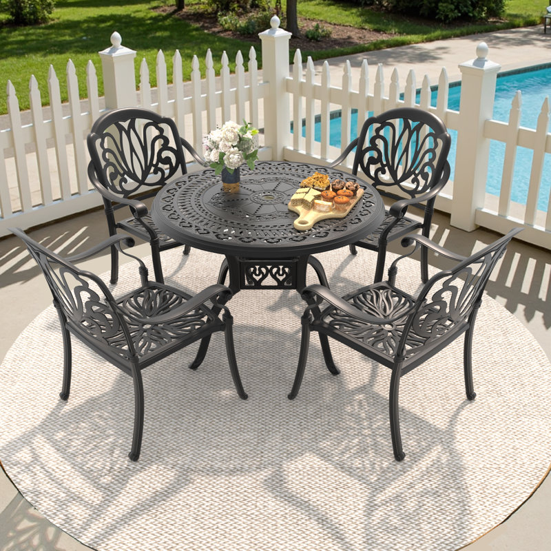 39.37-inch Round Table Cast Aluminum Outdoor Dining Set with Umbrella Hole and Brown Cushions, 4