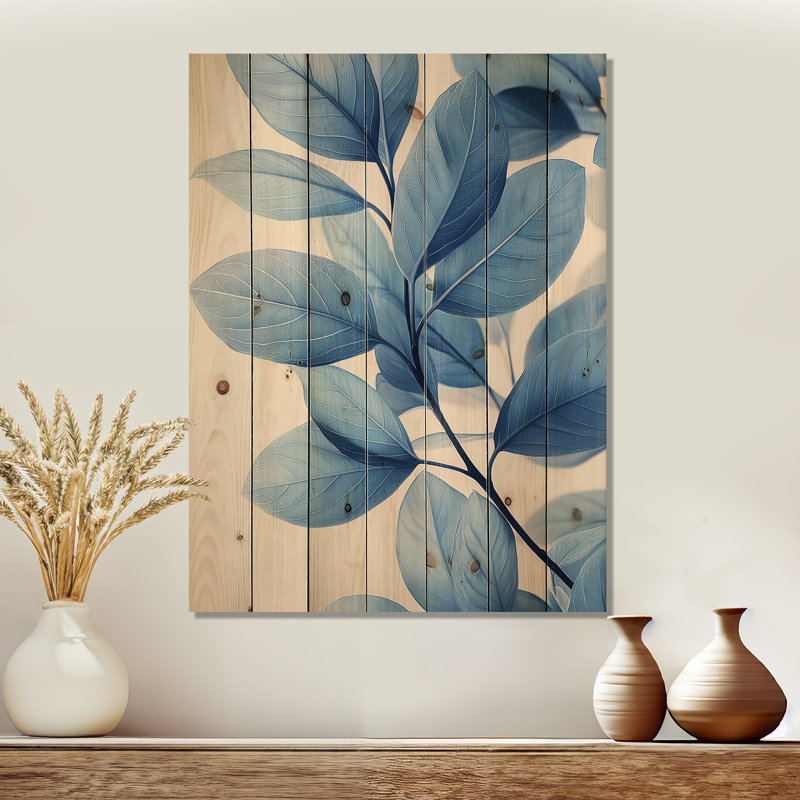 Feuilles de minuit bleues tranquillité IV - impression sur bois de feuilles - sur bois de pin naturel
