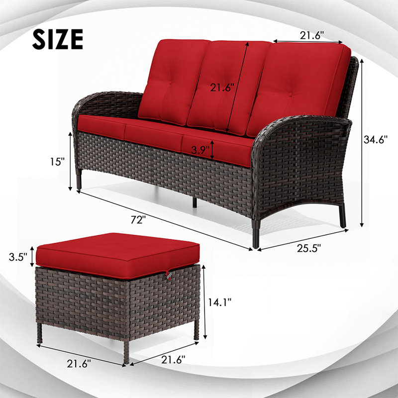 Ensemble de canapé d'extérieur 72 po 3 pièces 72 po, Rouge