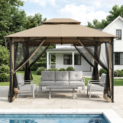 Gazebo extérieur 3 m x 3,6 m, structure métallique, toit à double pente, toile imperméable et moustiquaire, abri de jardin pour cour, pelouse, terrasse, jardin, bord de piscine, kaki
