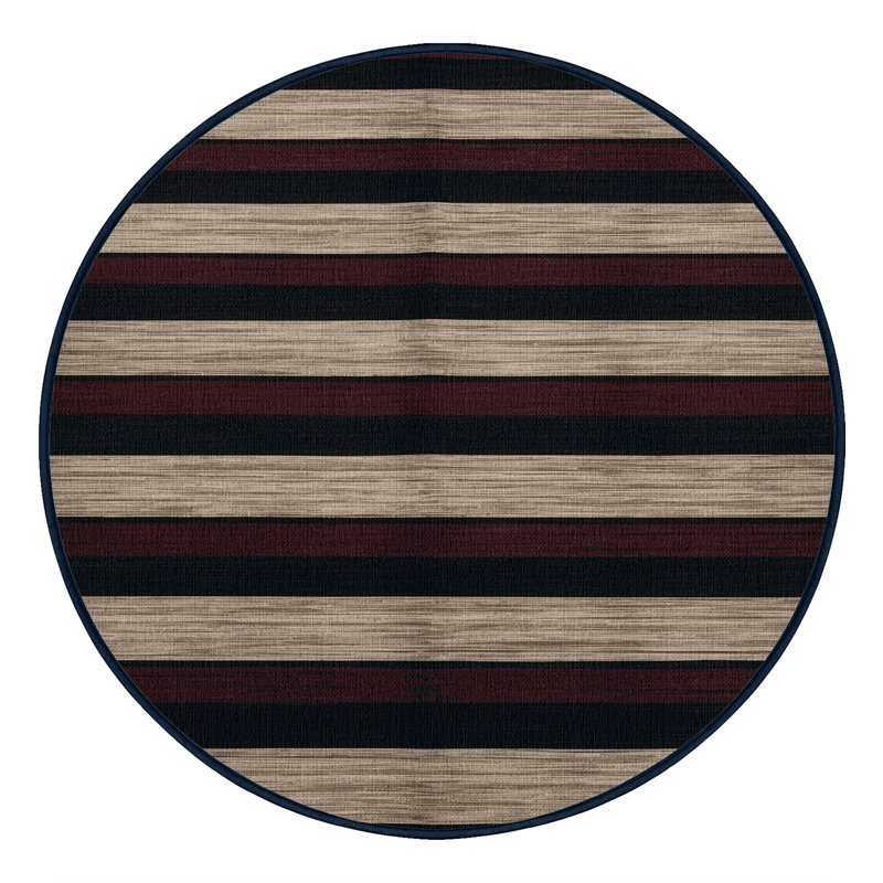 Machine Washable Horizontal Stripes Black Area Rug, Round 3'