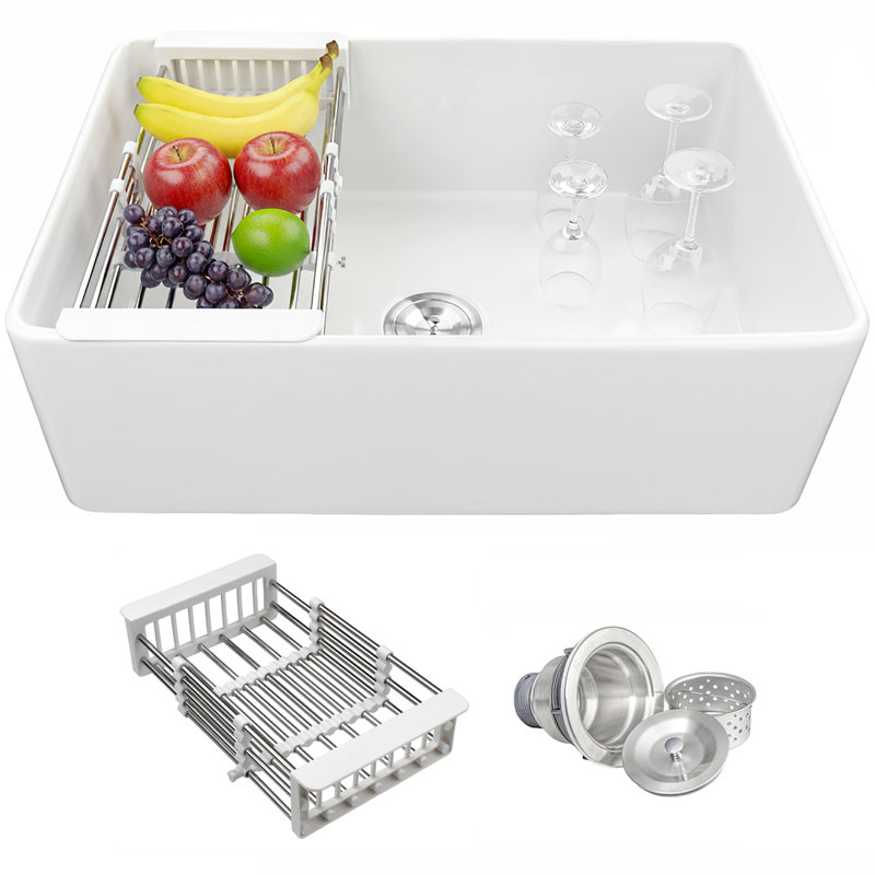 White Fireclay 30 in. Single Bowl Apron-Front Kitchen Sink with Basket Strainer
