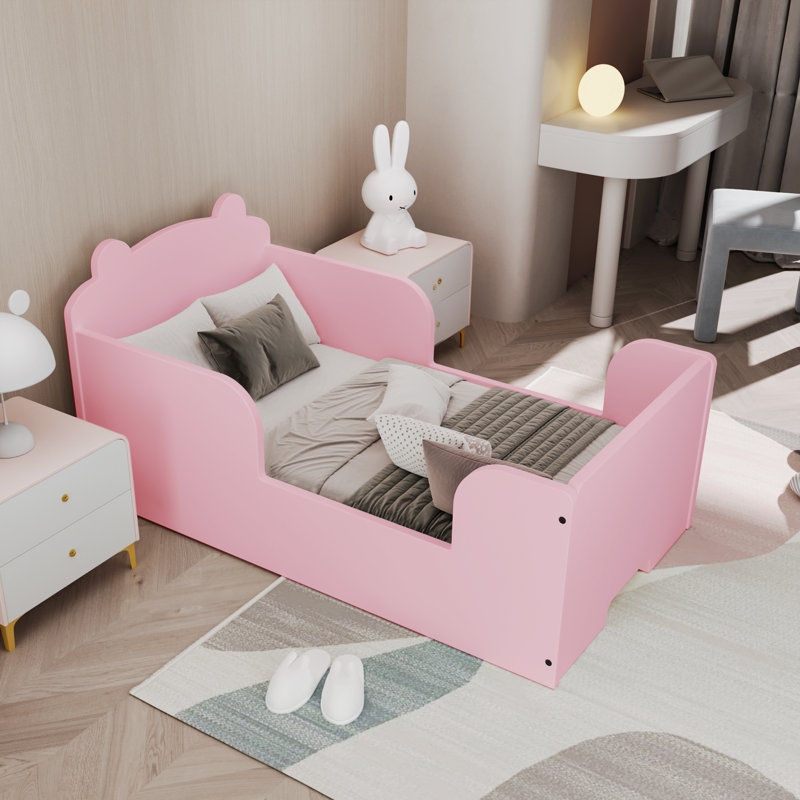 Toddler Solid Wood Bear Shaped Floor Bed, Pink