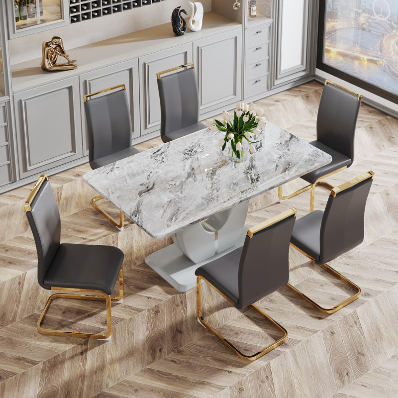 7 Piece - Marbled Dining Table Set, Dark Gray/Gold