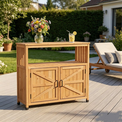 Table de bar en bois avec armoire de rangement intégrée, buffet polyvalent et station de service pour les réceptions intérieures et extérieures