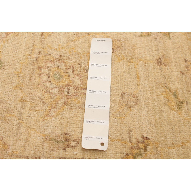 Tapis décoratif beige/Ivoire en laine de conception unique 4 pi 1 po x 5 pi 11 po noué à la main New Age