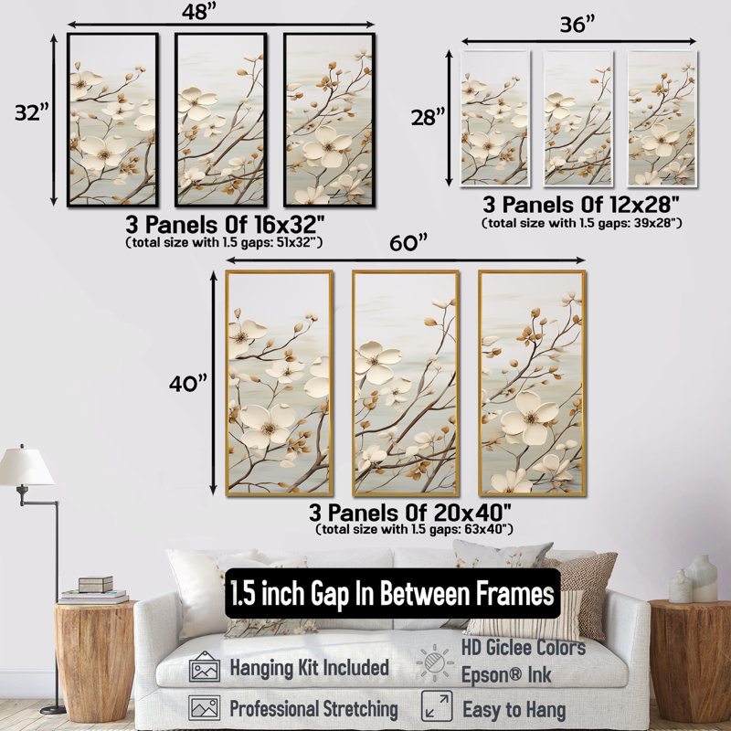 «White Dogwood Blossom Harmony II», ensemble d'art sur toile de cornouiller, H 28 po x l 36 po x P 1 po, Cadre flottant noir