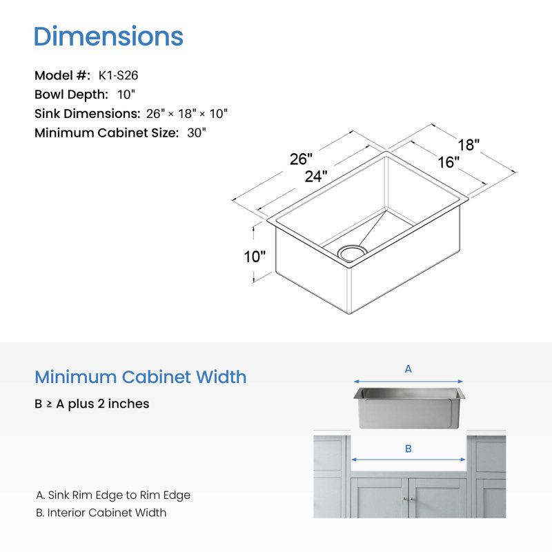 26'' Stainless Steel Undermount Single Bowl Kitchen Sink