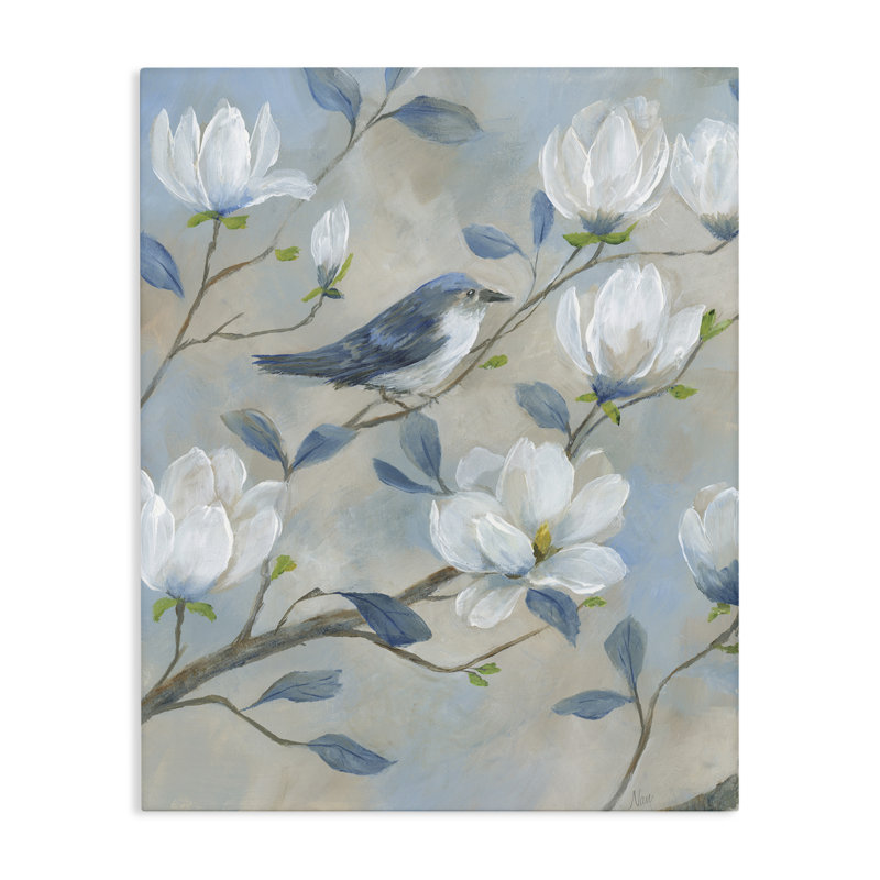 Oiseau bleu et toile magnolia, design par Nan, H 40 po x l 30 po