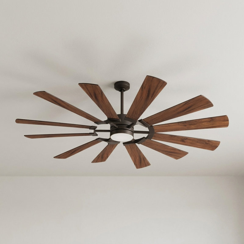 Ventilateur de plafond en bois à 12 pales avec lumière, débit d'air élevé de 8509 pi³ / min, moteur à courant continu silencieux, lumière à DEL 3 cct, fonction réversible, 3 tiges verticales, ventilateur de plafond intérieur / commercial moderne pour les grandes pièces