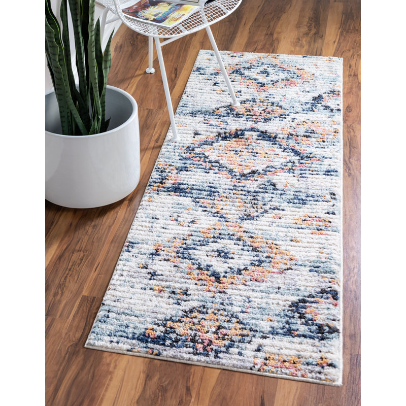 Tapis ivoire / bleu marine Clerge Southwestern, Tapis de couloir 2 pi 7 po x 10 pi
