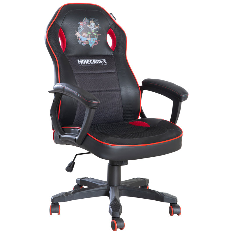Minecraft: chaise de jeu - noir-rouge - 24 x 26 po, chaise d'ordinateur et de bureau pour adulte, 5 roulettes et hauteur réglable, graphique à thème de jeu
